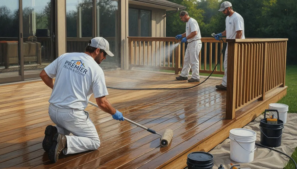 Denver Paint Pros sealing a wooden deck in Denver, CO to protect against UV and freeze-thaw damage