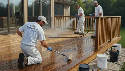 Denver Paint Pros sealing a wooden deck in Denver, CO to protect against UV and freeze-thaw damage