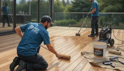 Denver painters sealing a wood deck in Denver, CO for UV and freeze-thaw protection