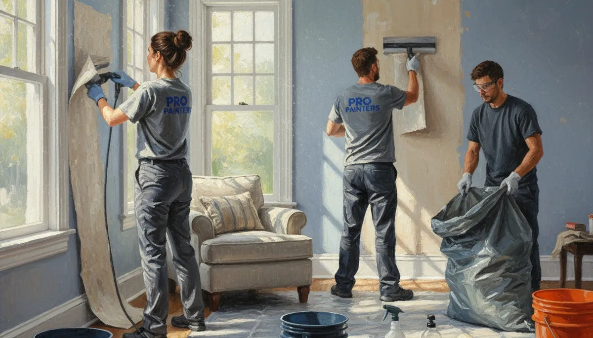 Denver painters removing wallpaper and preparing walls for a smooth finish in a home interior